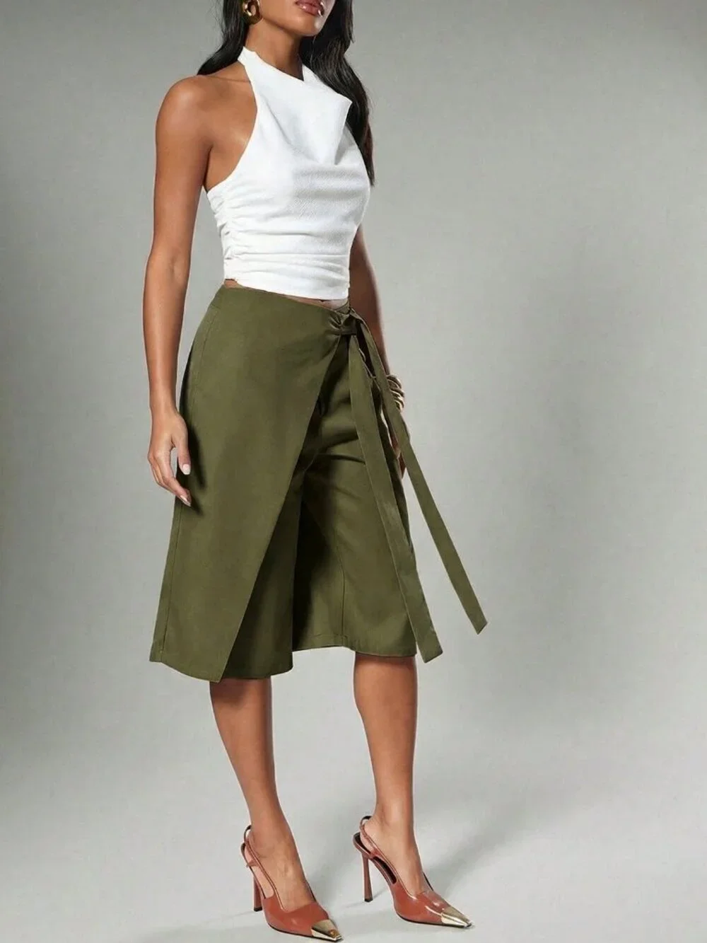 Army Green Casual Wrap Wide Leg Women's Bermuda Shorts with Tie Detail